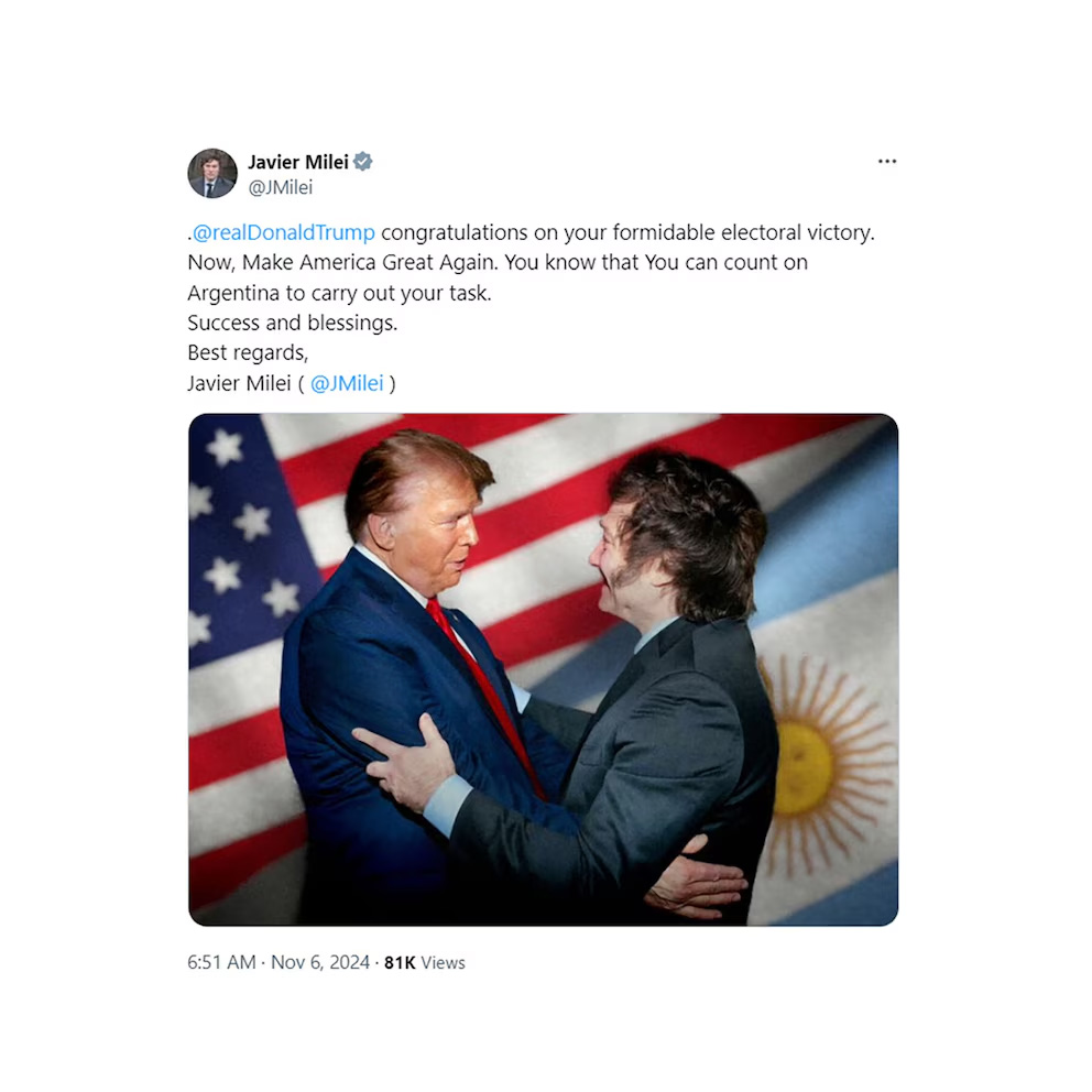 Milei felicitó a Trump y se puso a disposición
