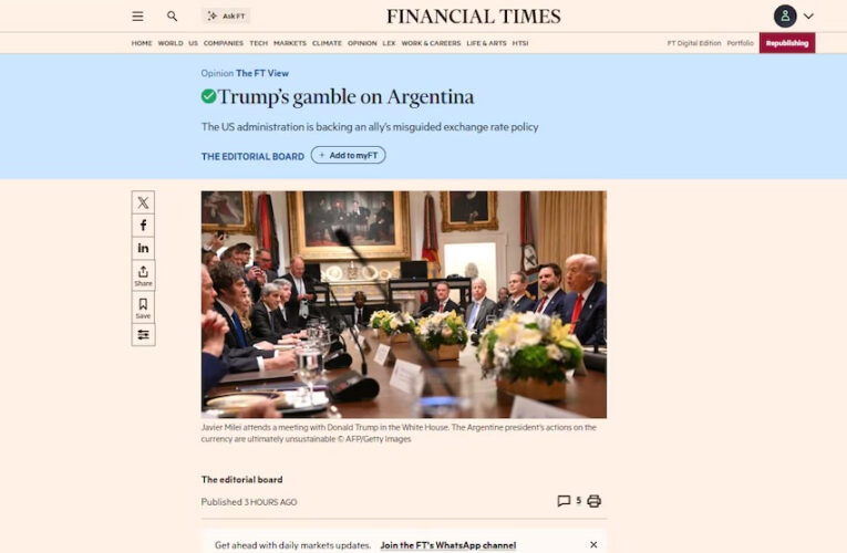 Financial Times dijo en su editorial que “no conviene a nadie que Argentina fracase”